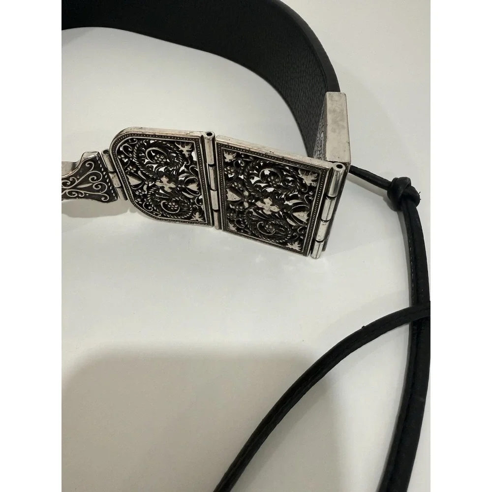 BRIGHTON SILVER BLACK LEATHER TIE WAIST BELT SZ LARGE‎